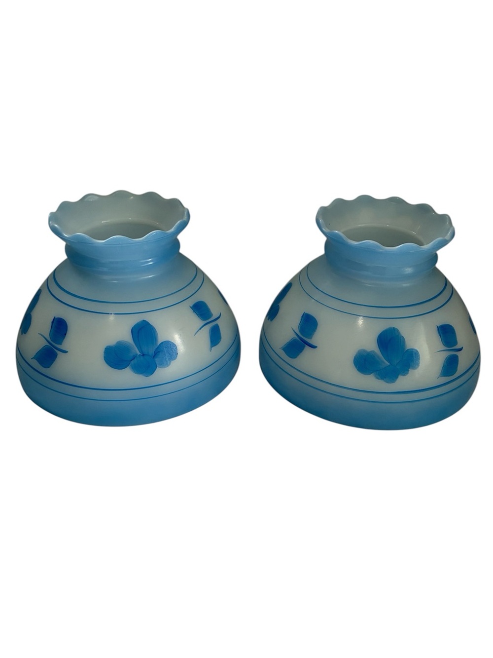 MILK GLASS HURRICANE LAMP SHADES VINTAGE SET OF 2 BLUE FLORAL 8’’ FITTER